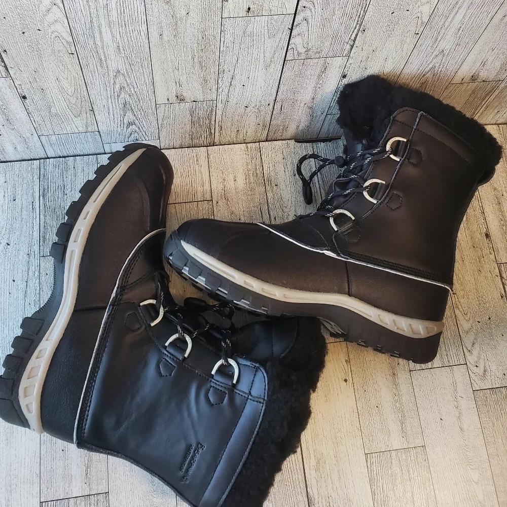 BEARPAW Kelly Boots Black Leather Fur Lined Girls Youth Size 4 Waterproof NWOT‎